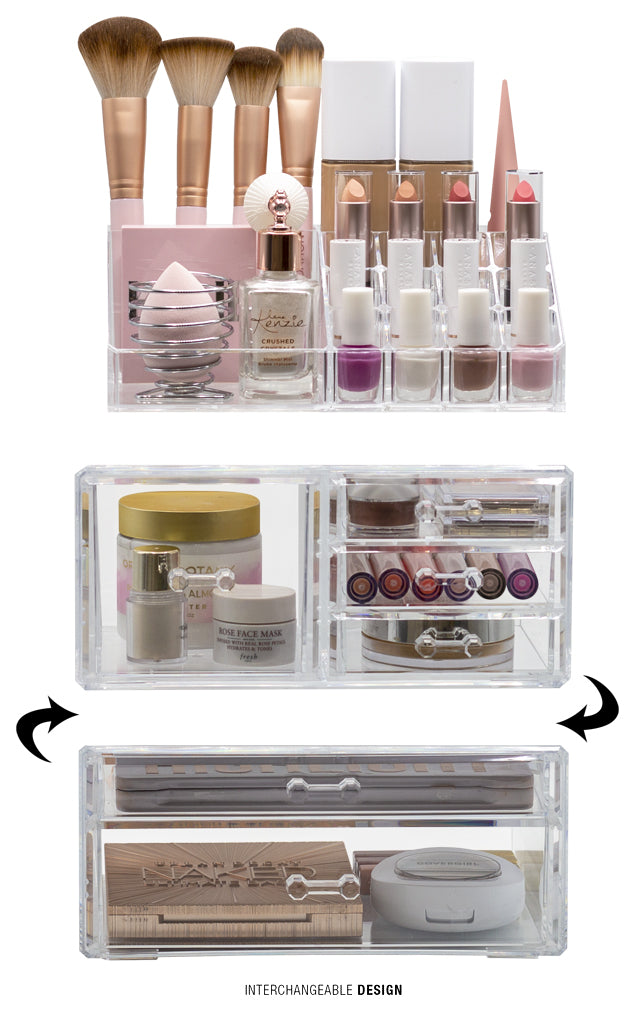 Large Clear Makeup Organizer Case - 3 Piece Set