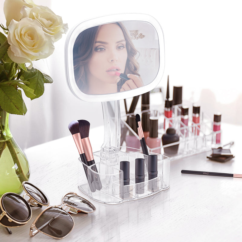 LED Vanity Mirror with Clear Makeup Organizer Tray Base